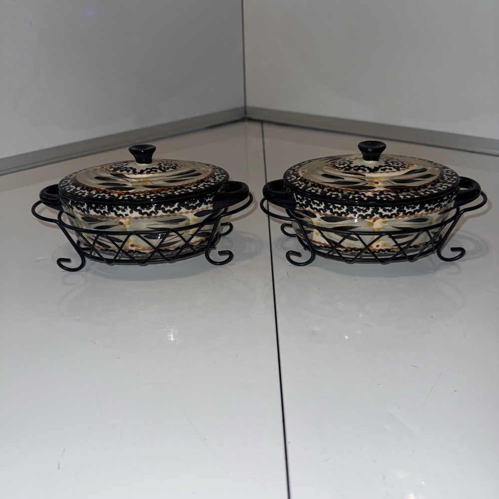 Temptations Ovenware Oval Dish 9 Oz Black Old World W Basket & Lid Lot Of 2